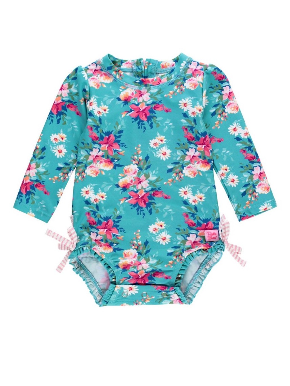 Ruffle Butts Turquoise Floral Long-Sleeve One-Piece Swimsuit with Pink Accents